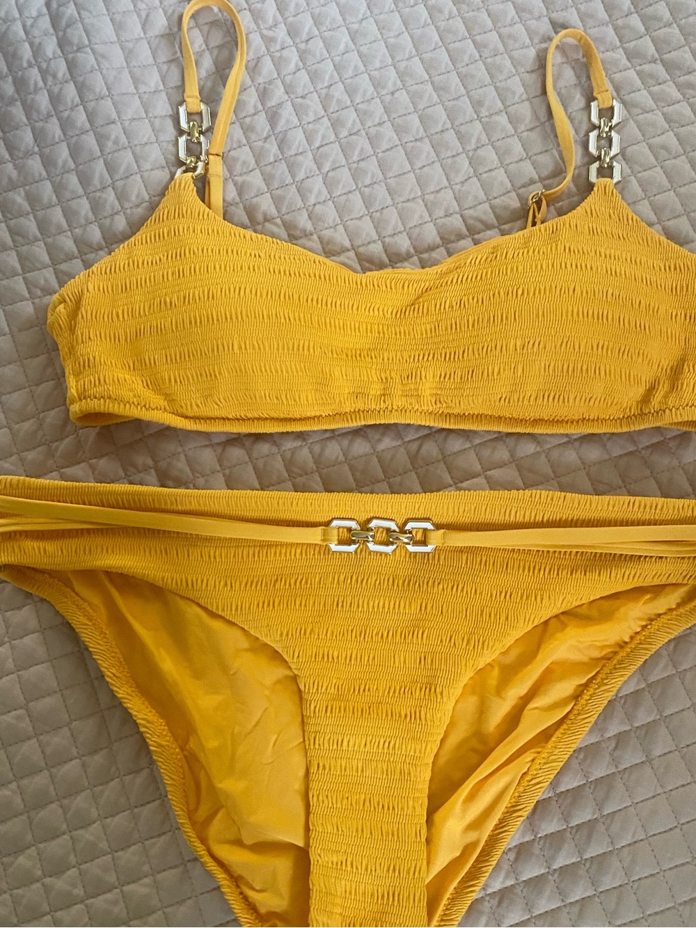 Trina Turk  cabana mango Yellow Textured Bikini Set with Gold Chain Detail